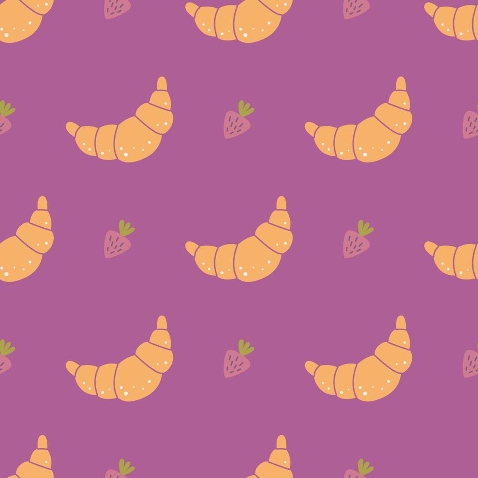 Croissant with strawberries, vector seamless pattern in flat style