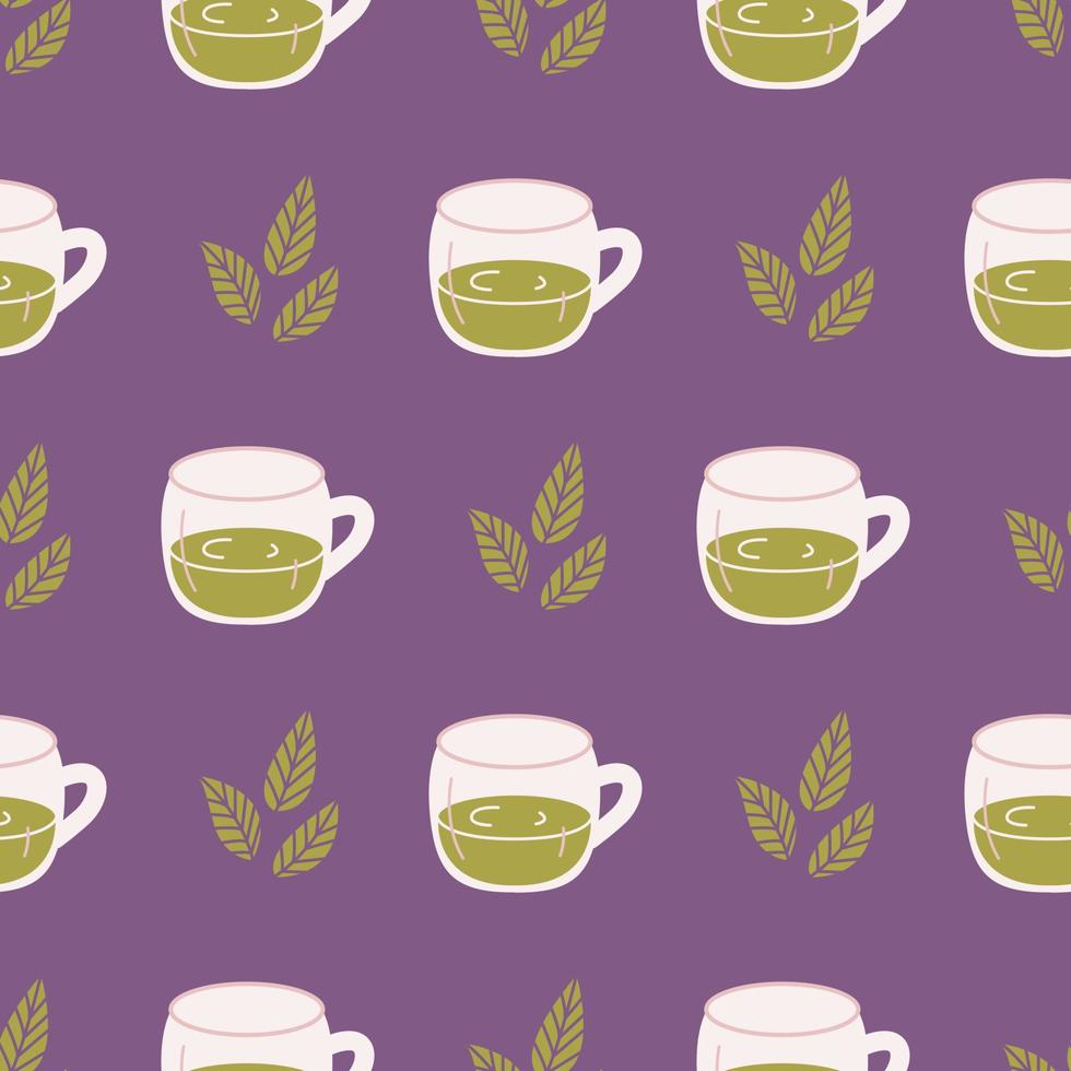 Matcha green tea in glass mug with leaves, vector seamless pattern