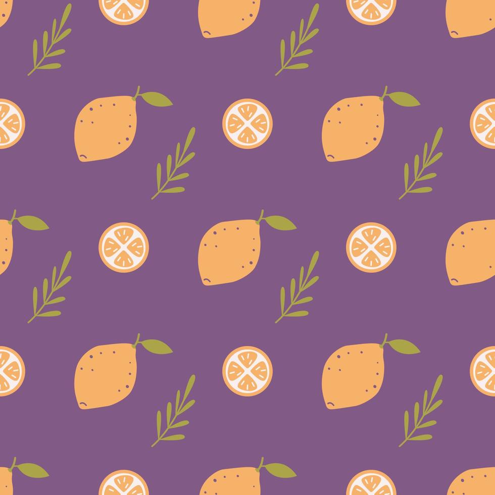 Lemons with plants on purple background, vector seamless pattern