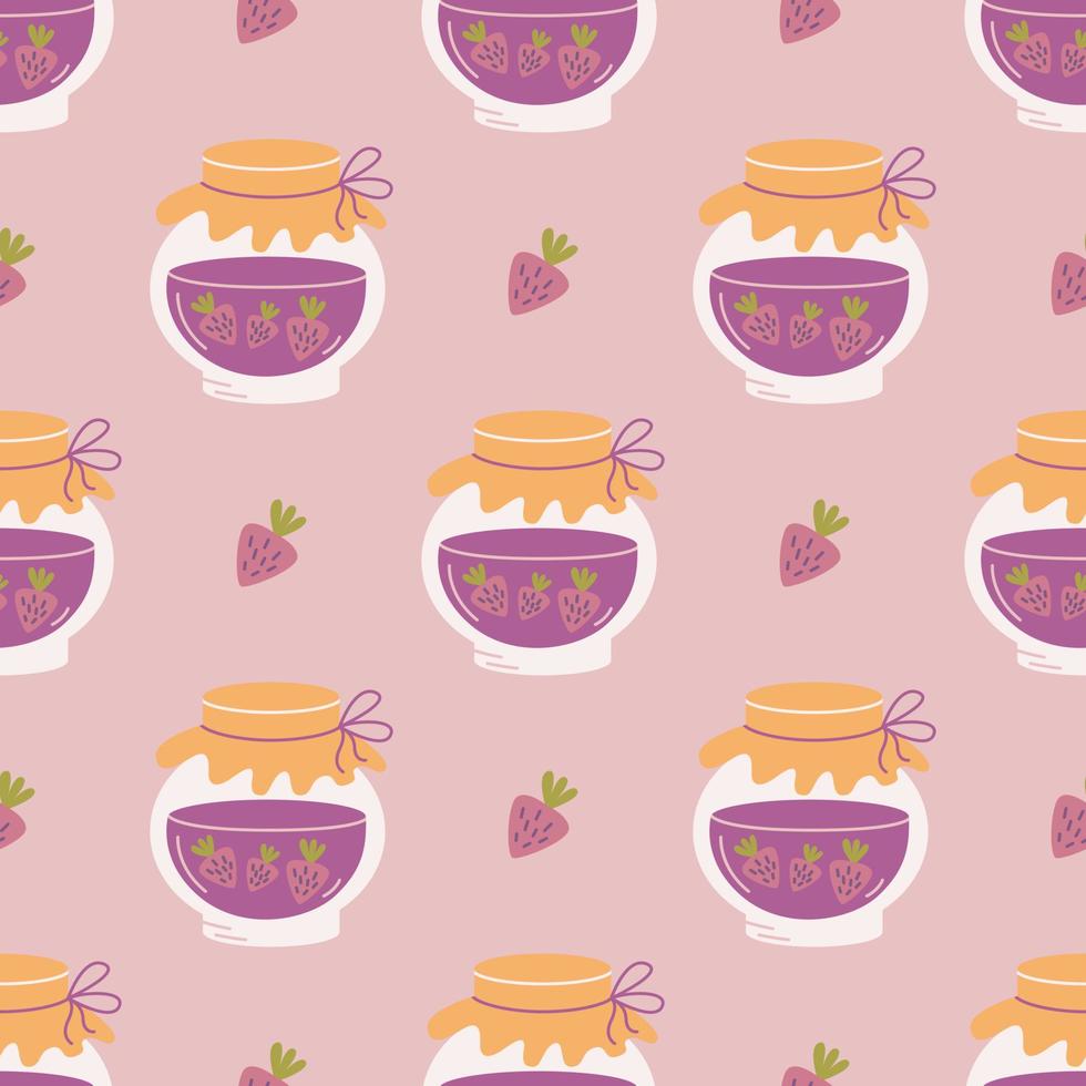 Strawberry jam in glass jar on pink background, vector seamless pattern