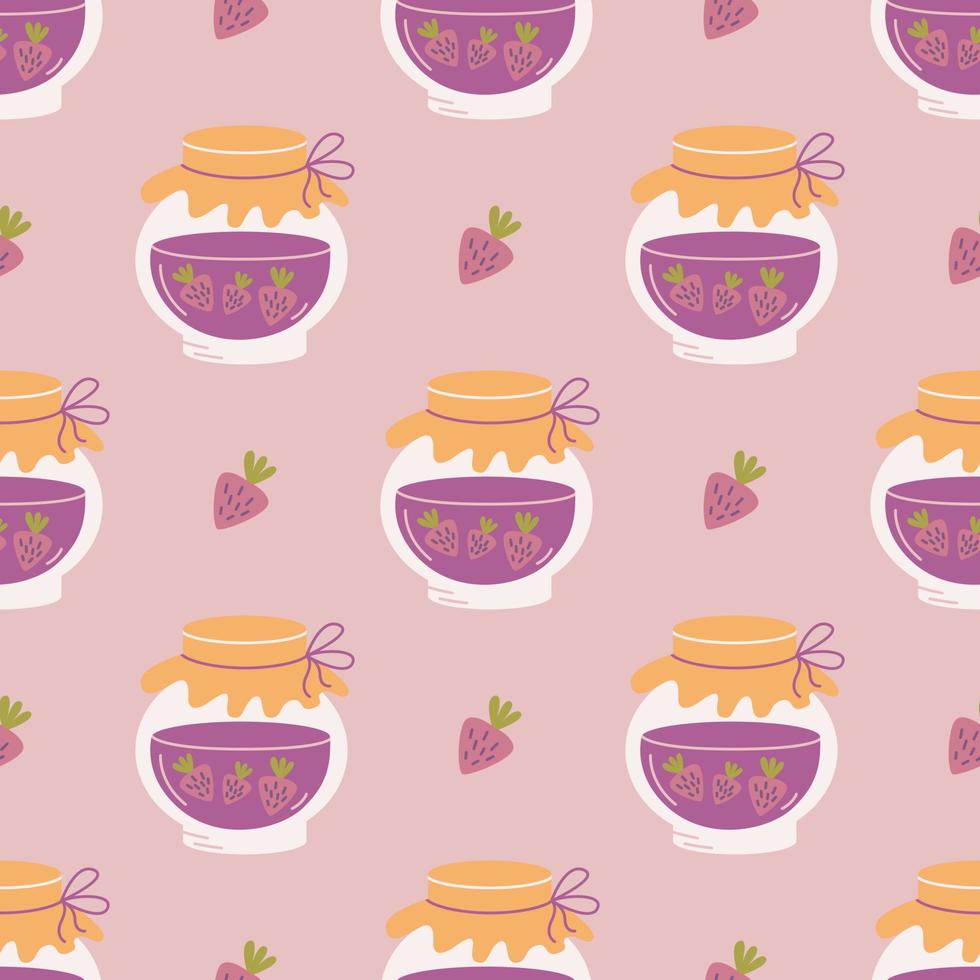 Strawberry jam in glass jar on pink background, vector seamless pattern