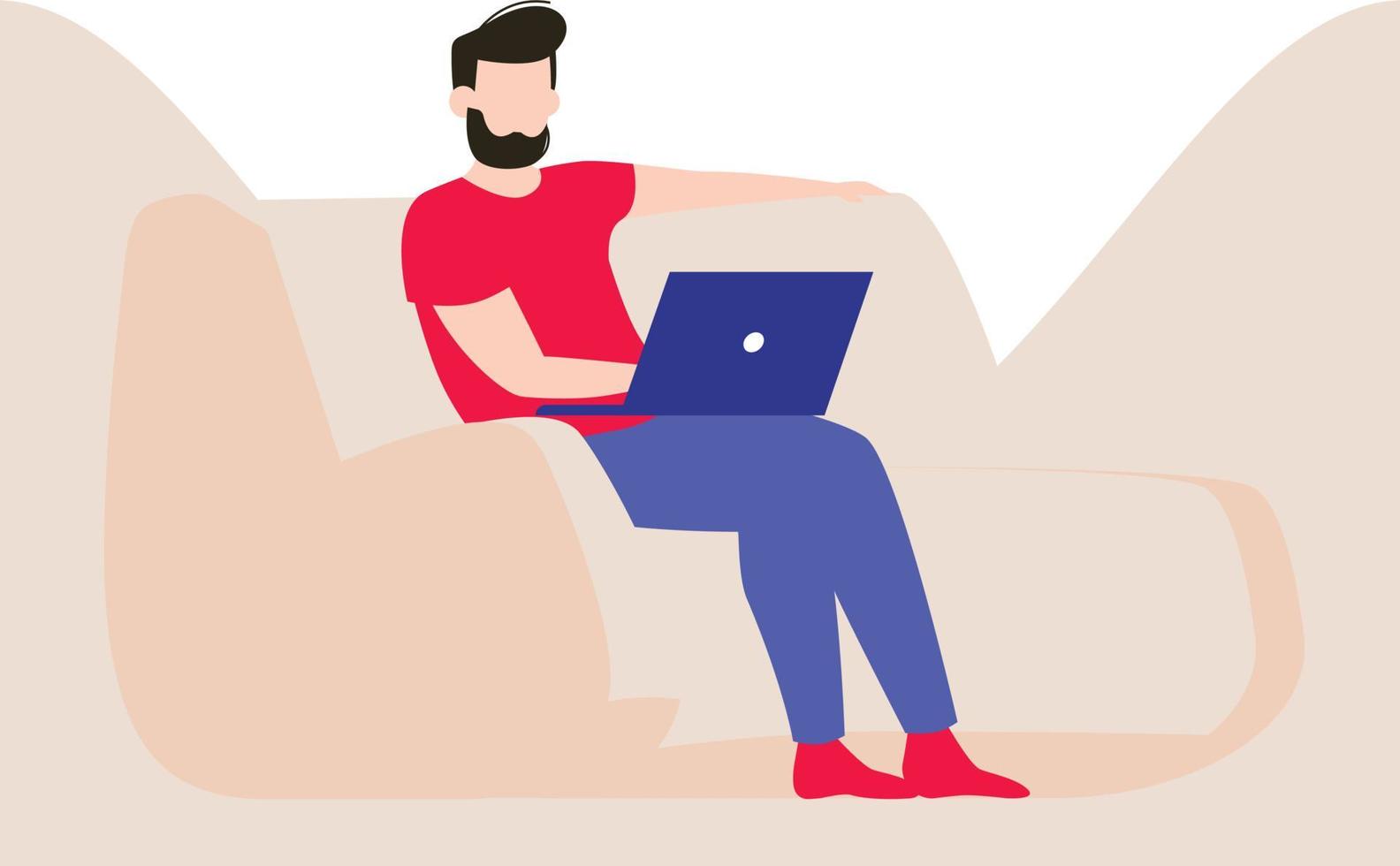 The boy is sitting on the sofa using a laptop. vector