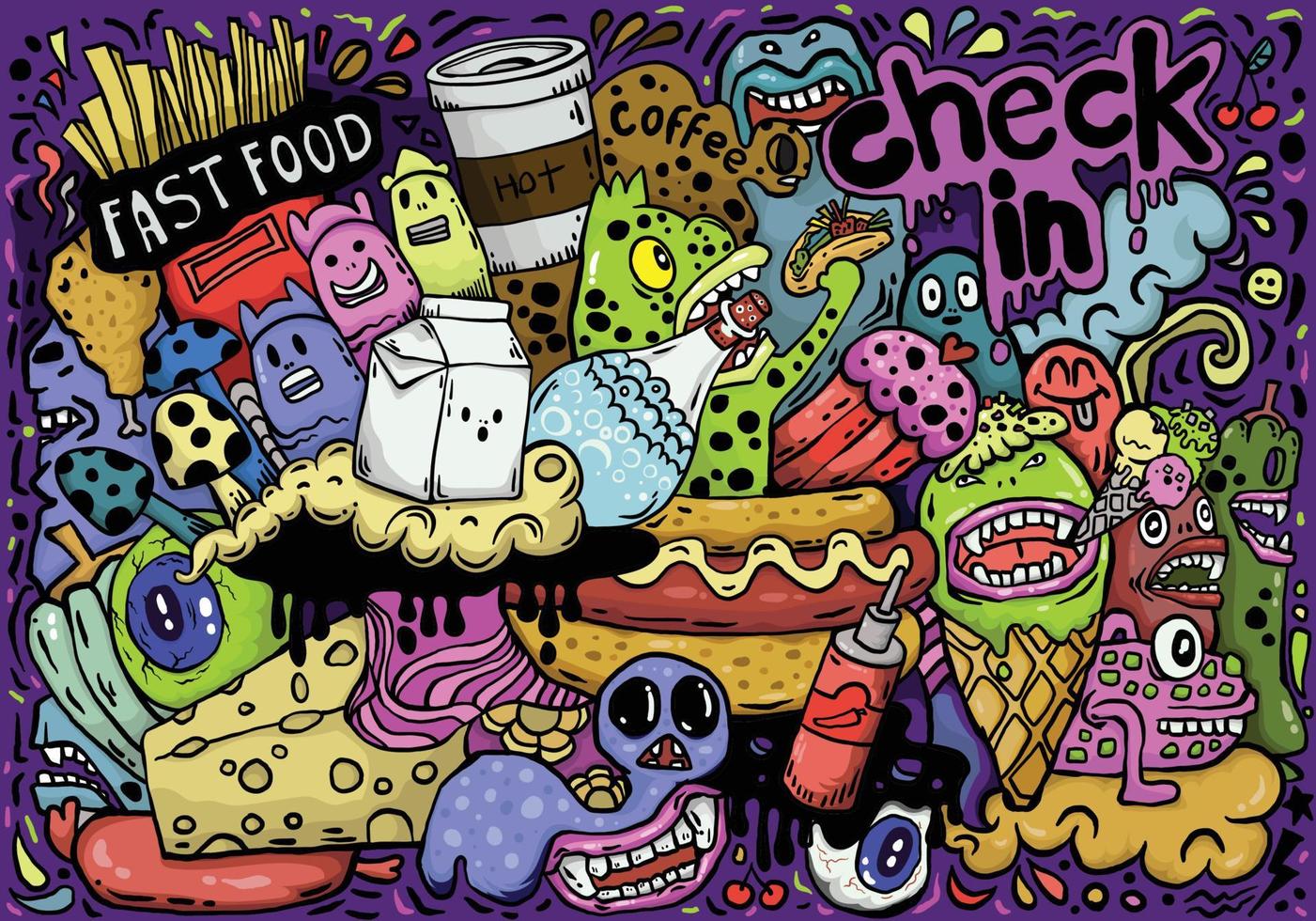 Food and beverages Hand drawn Graffiti Hip-hop style seamless doodle art Vivid color For textiles, children's clothing, background, wallpaper, publications, skateboard vector
