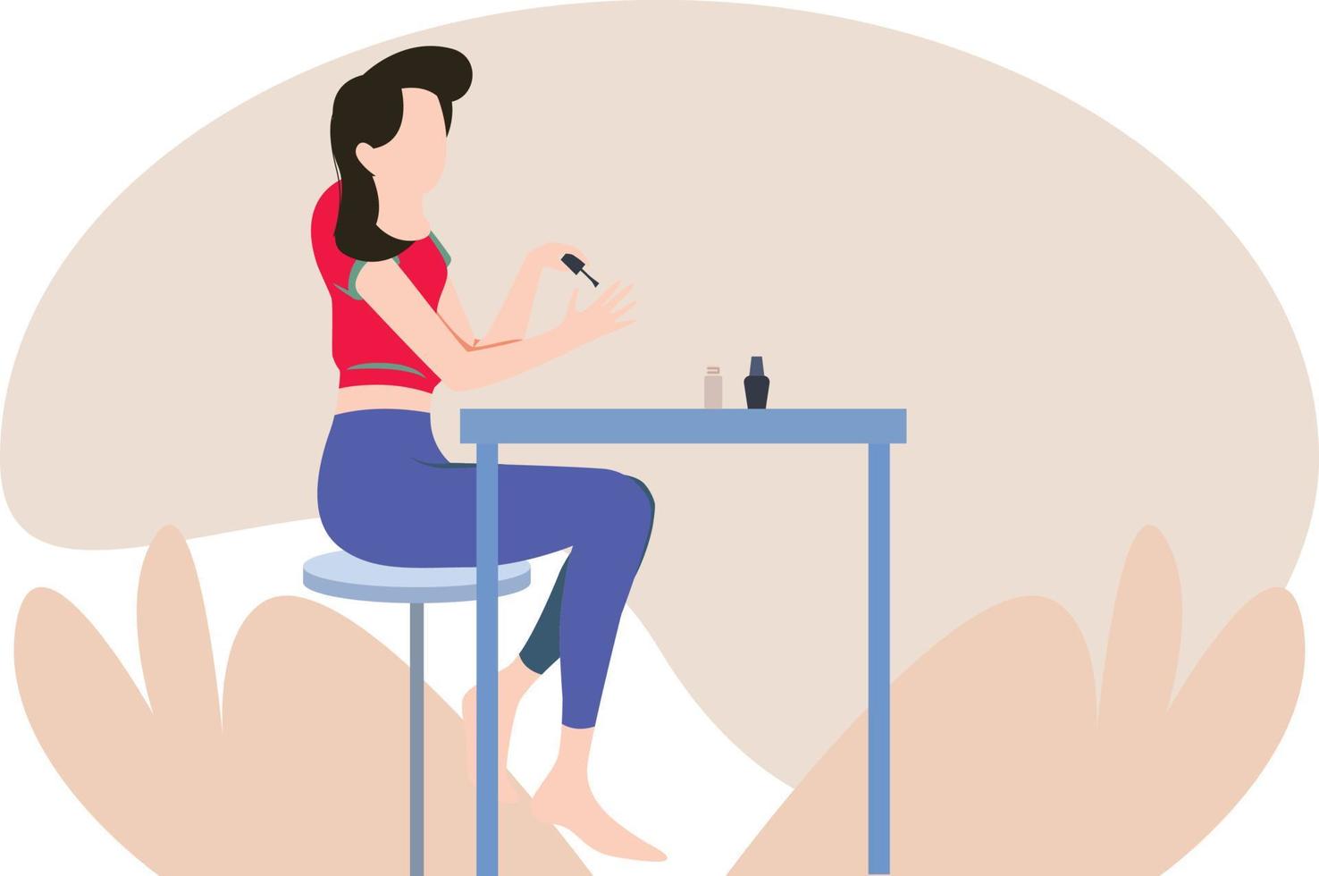 The girl is sitting and applying nail polish. vector