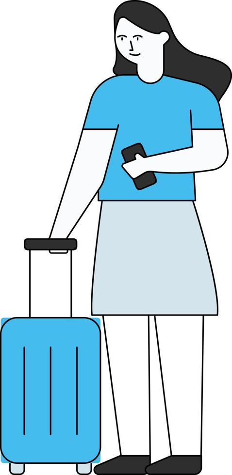 The girl is standing with her suitcase. vector