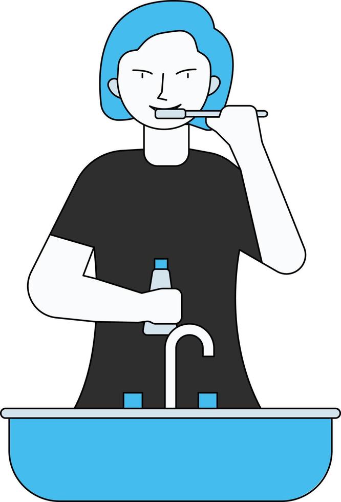 The girl is brushing her teeth with a toothbrush. vector