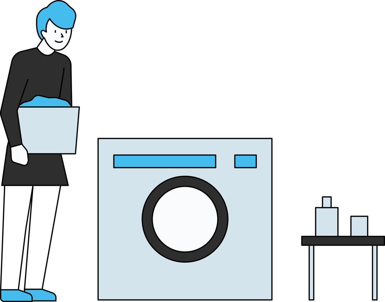 The boy is washing clothes in the washing machine. vector