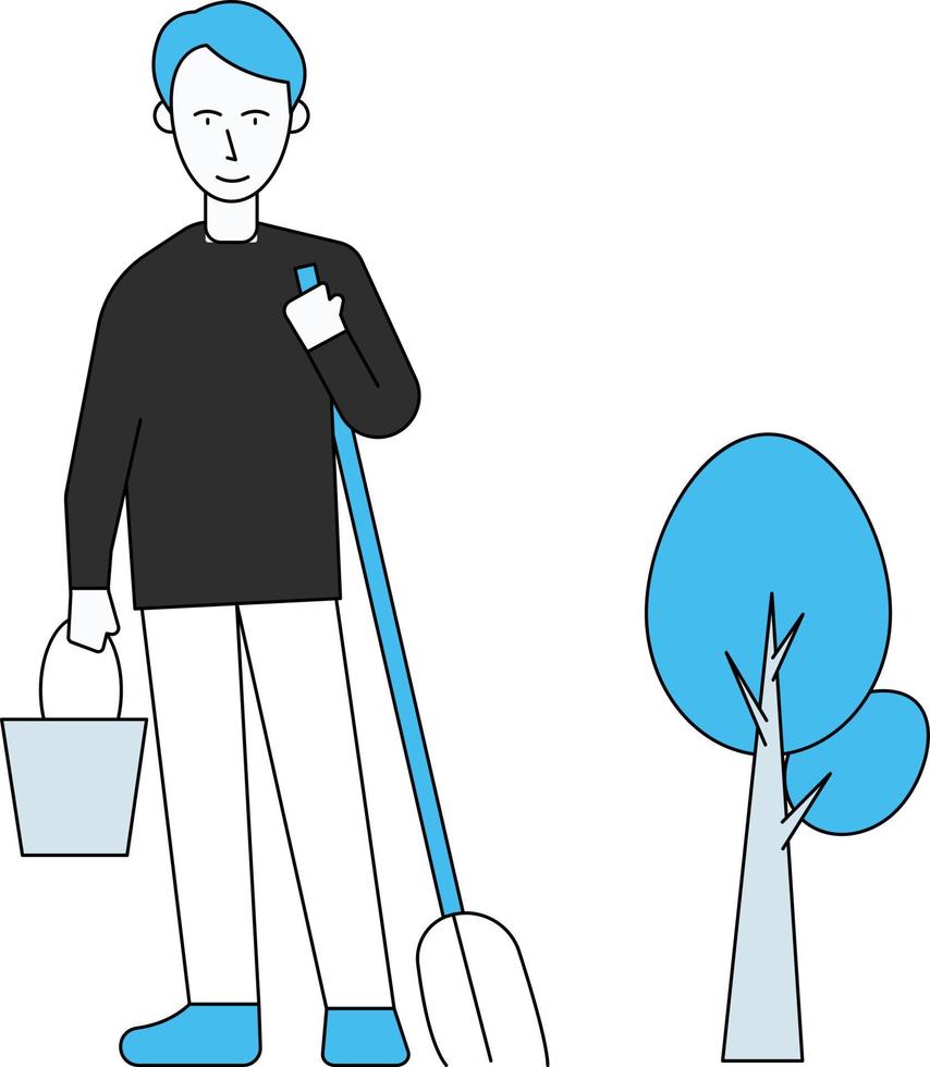 The boy is standing in a garden with a bucket and a pitchfork. vector