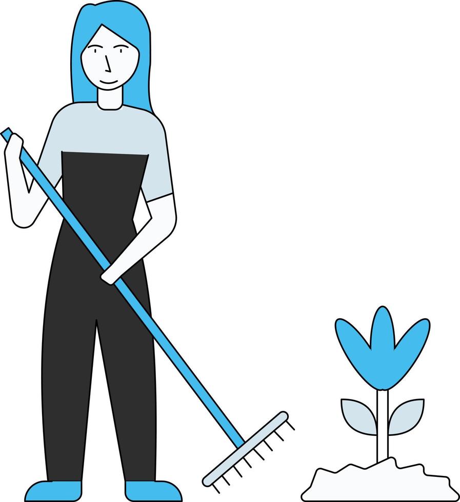 The girl is standing in the garden with a fork. vector