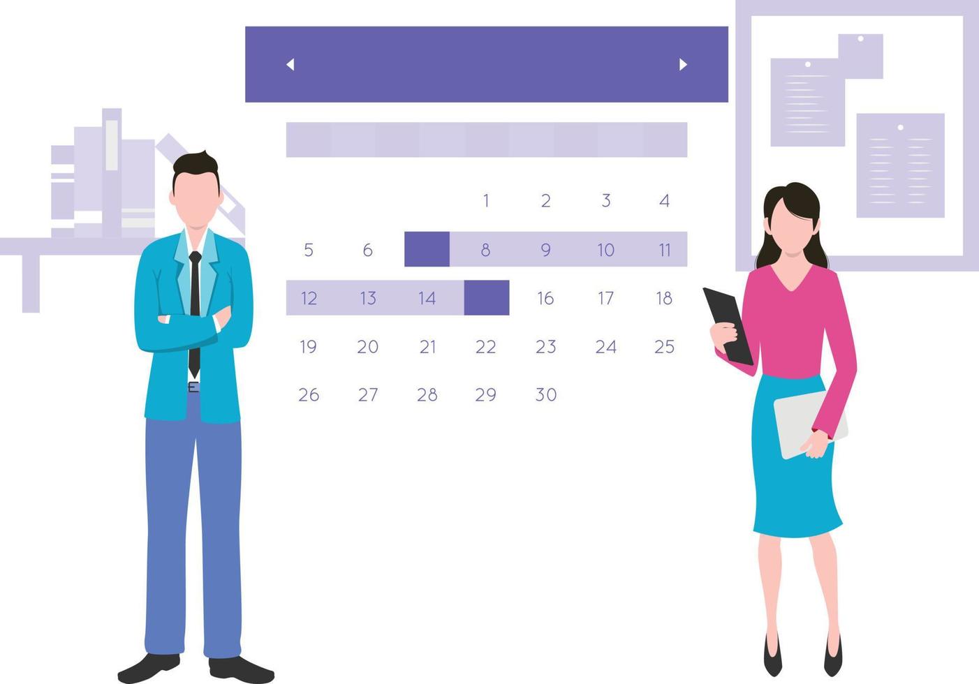 Girl and boy standing by the calendar. vector