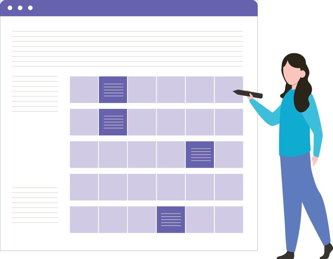 The girl marking the appointments on calendar. vector