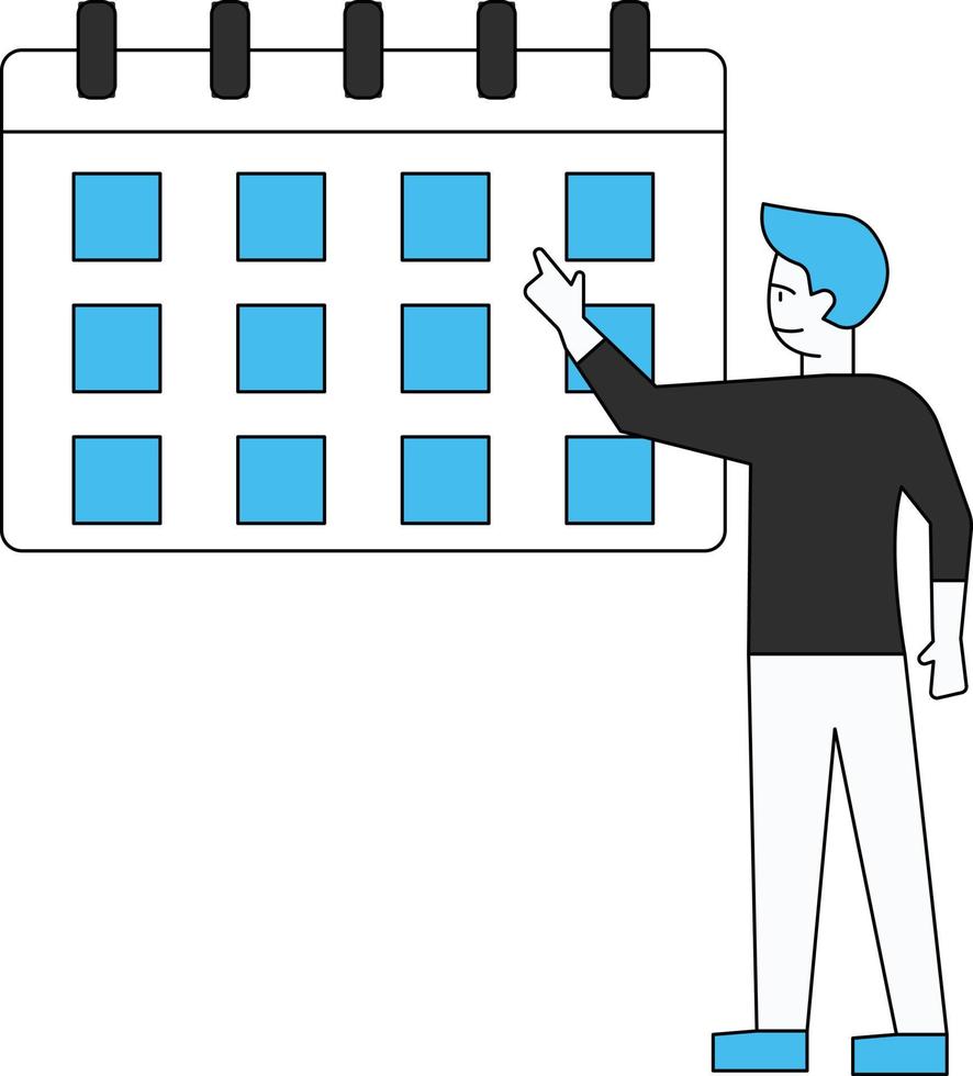 The boy is standing and pointing to the calendar. vector