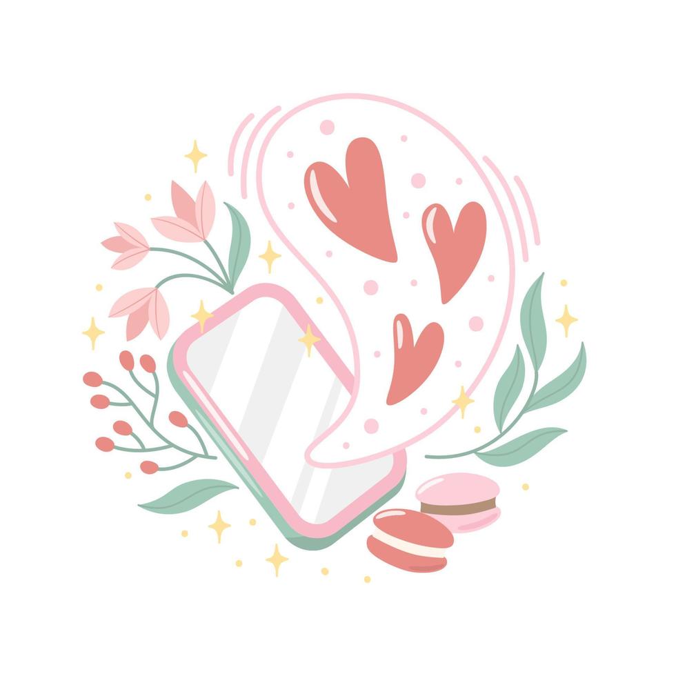 ilustración del día de san valentín con teléfono móvil, mensaje, flores y corazones. vector