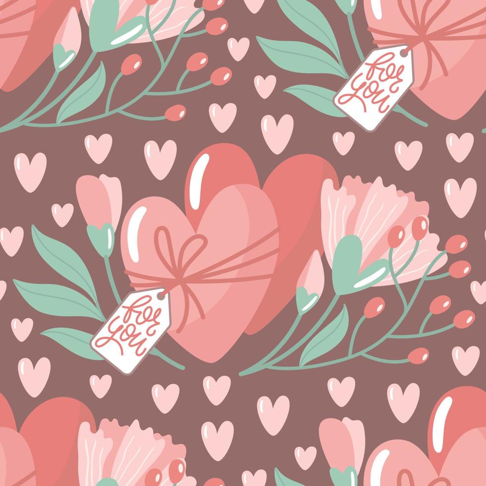 Hand-drawn seamless pattern with flowers and hearts. Creative stylish background for Valentine Day. Colourful floral illustration for paper and gift wrap. Fabric print modern design. vector