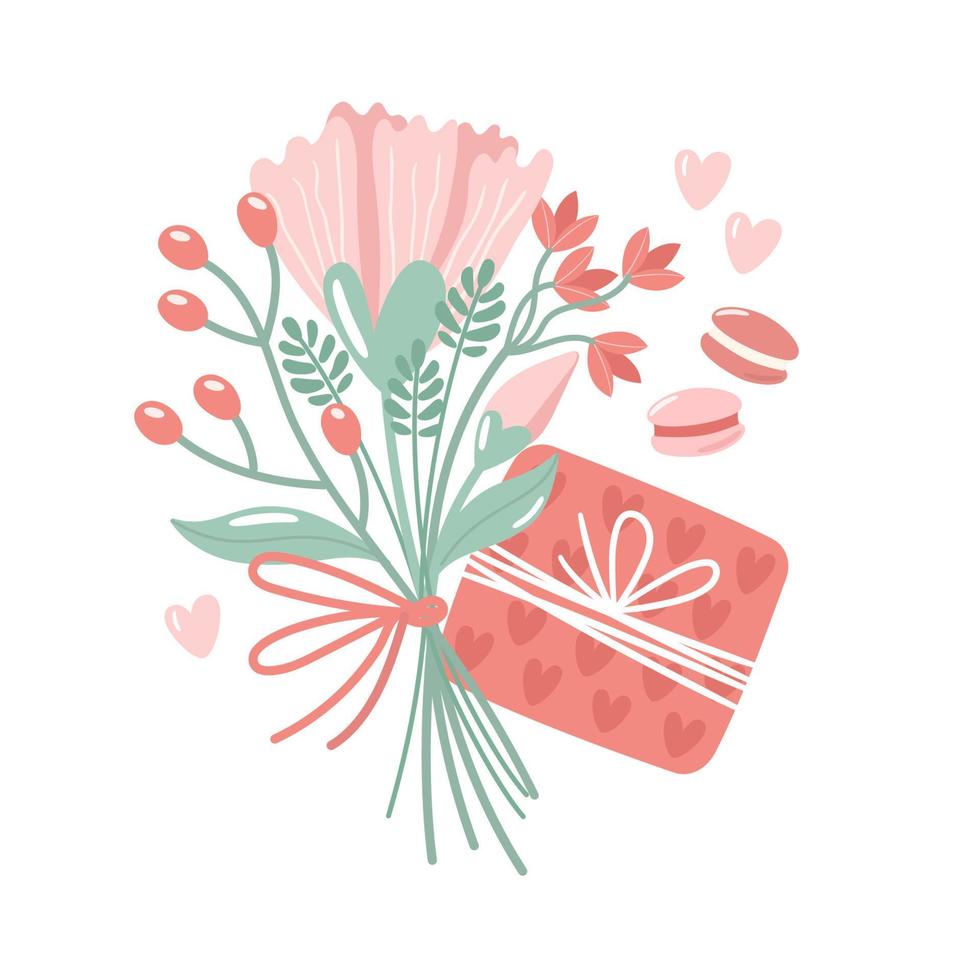 Vector illustration for Valentine day. A gift, sweets and bouquet on white background. Creative greeting card with hand-drawn decorative elements.