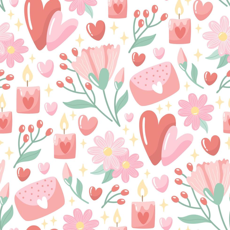Hand-drawn seamless pattern with flowers and hearts. Creative stylish background for Valentine Day. Colorful floral illustration for paper and gift wrap. Fabric print modern design. vector