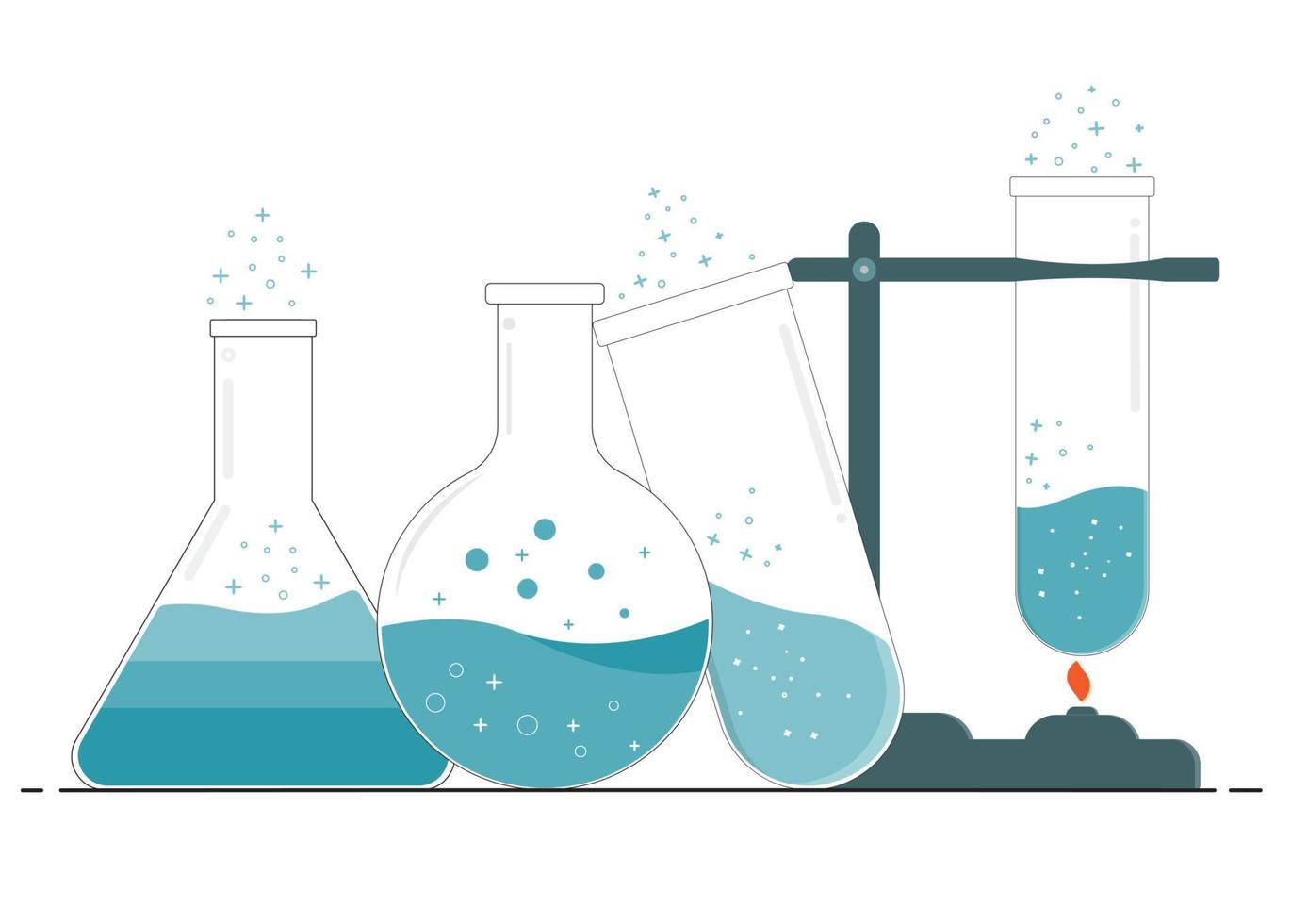 Graduated test tubes, beakers and bottles filled with different colored liquid illustrations. Equipment for collecting chemistry tests. vector