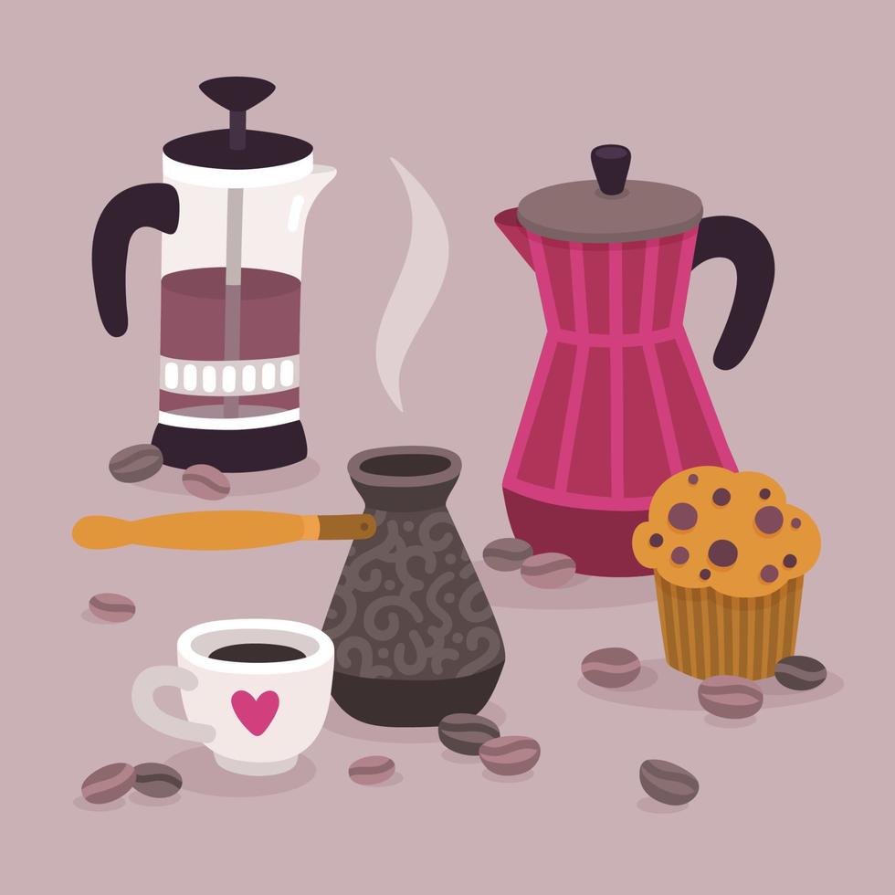 juego de café y muffins vector