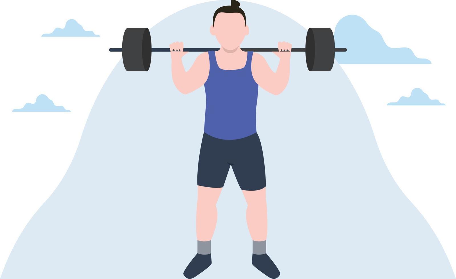 The boy is standing with a dumbbell in his hands. vector