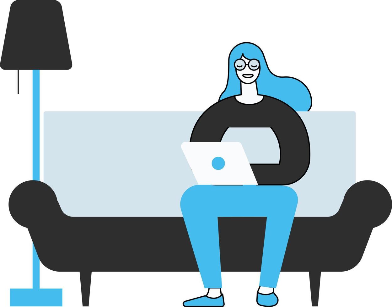 The girl is sitting on the sofa using her laptop. vector