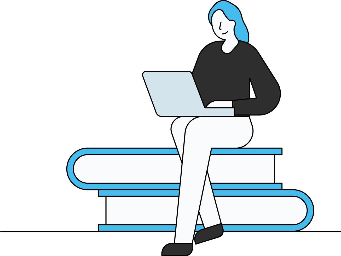 The girl is working on a laptop sitting on books. vector