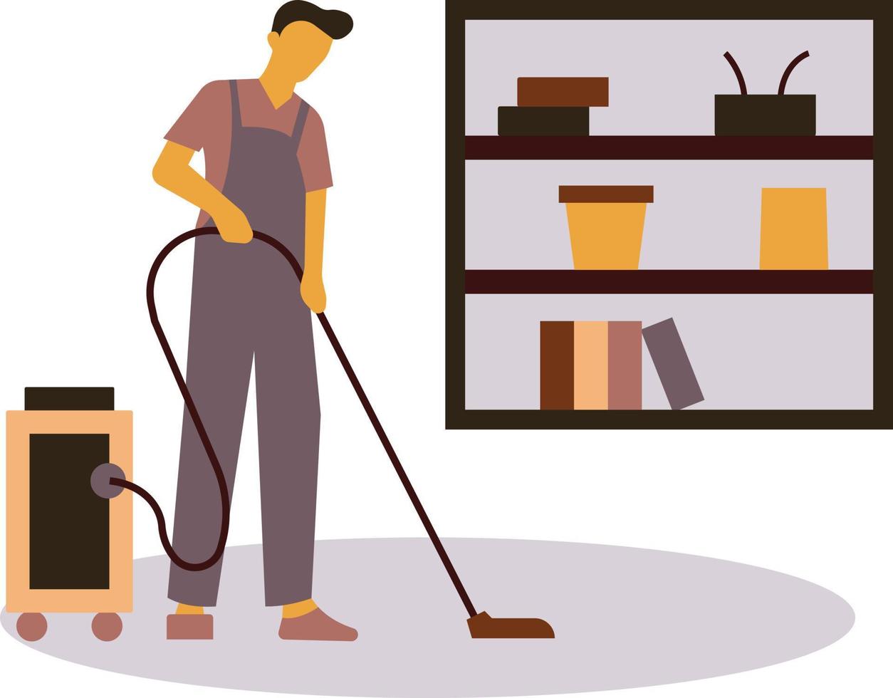 Room service boy cleaning the room with a vacuum cleaner. vector
