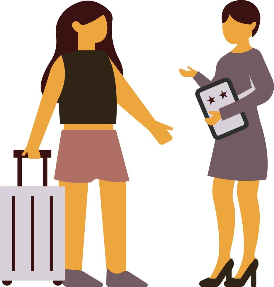 The tourist is standing with her suitcase and talking to the manager. vector