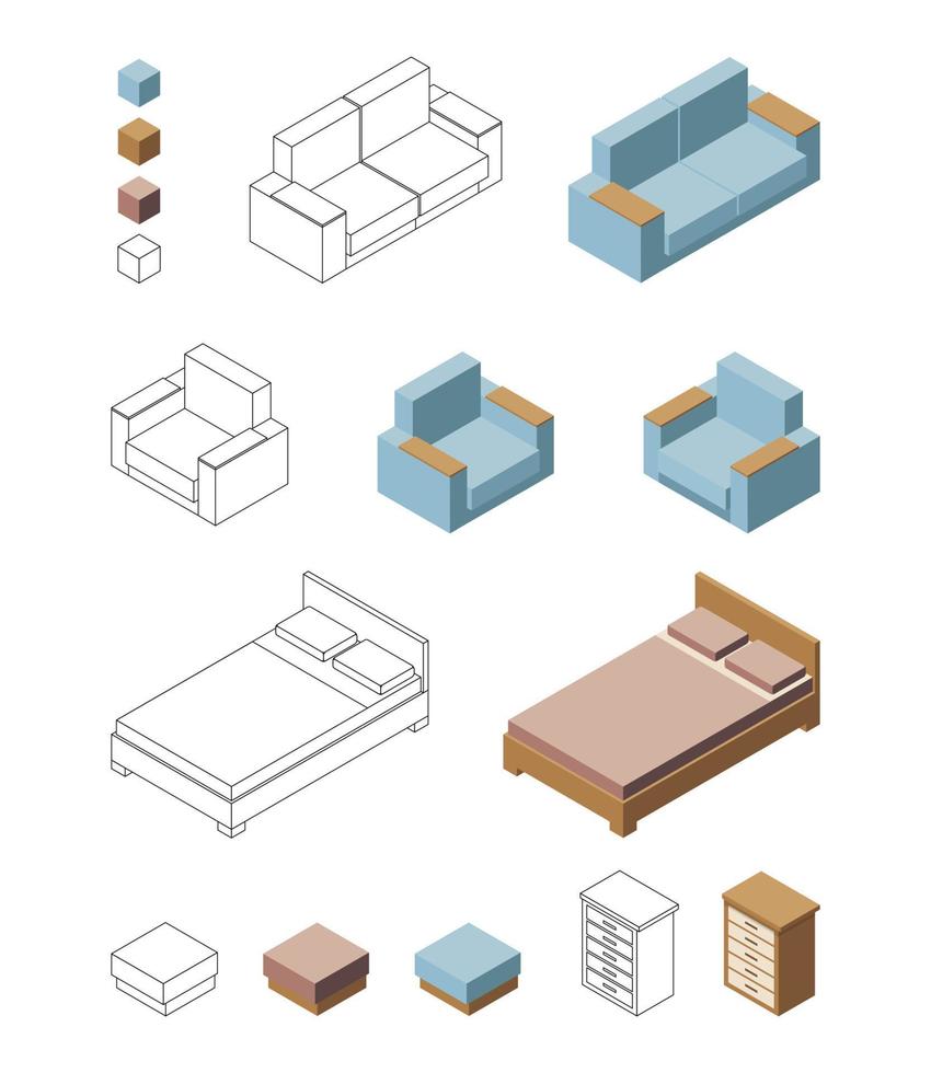 Vector isometric illustration, interior items. 3d furniture icons for living room, bedroom. Set of armchairs, sofas, beds