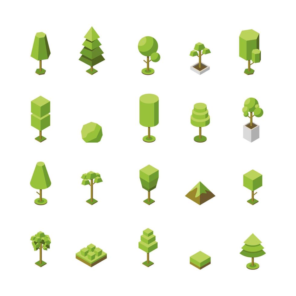 conjunto vectorial de iconos isométricos de árbol. colección de objetos botánicos naturales. Ilustración 3d de plantas. el concepto de representar un árbol en forma de forma geométrica simple. planta para el parque, jardín vector