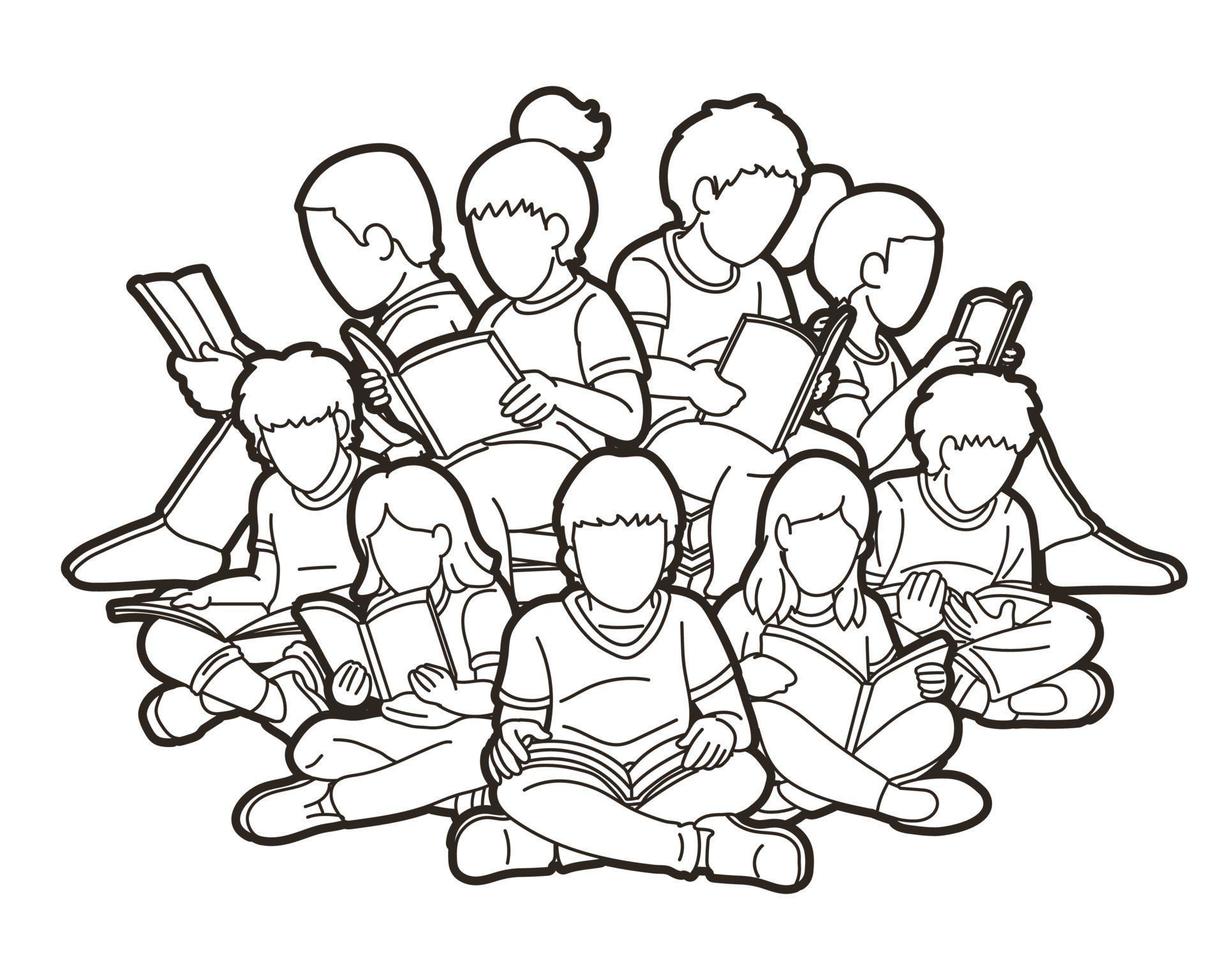 outline Group of Children Reading Books vector