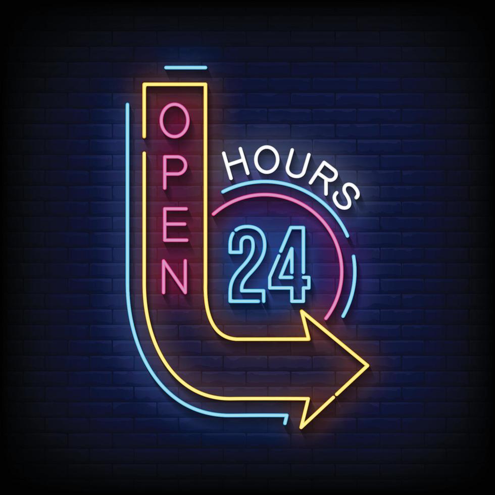 Open 24 Hours Neon Signs Style Text Vector