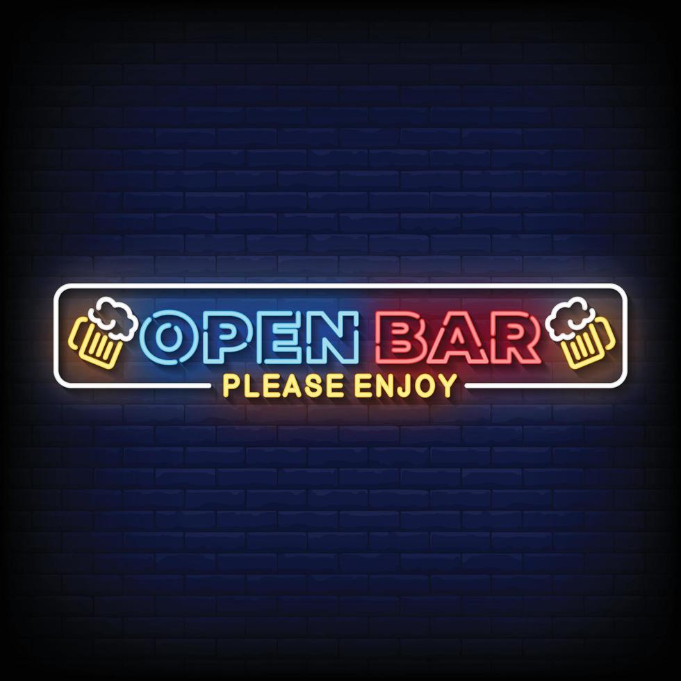 Open Bar Neon Signs Style Text Vector