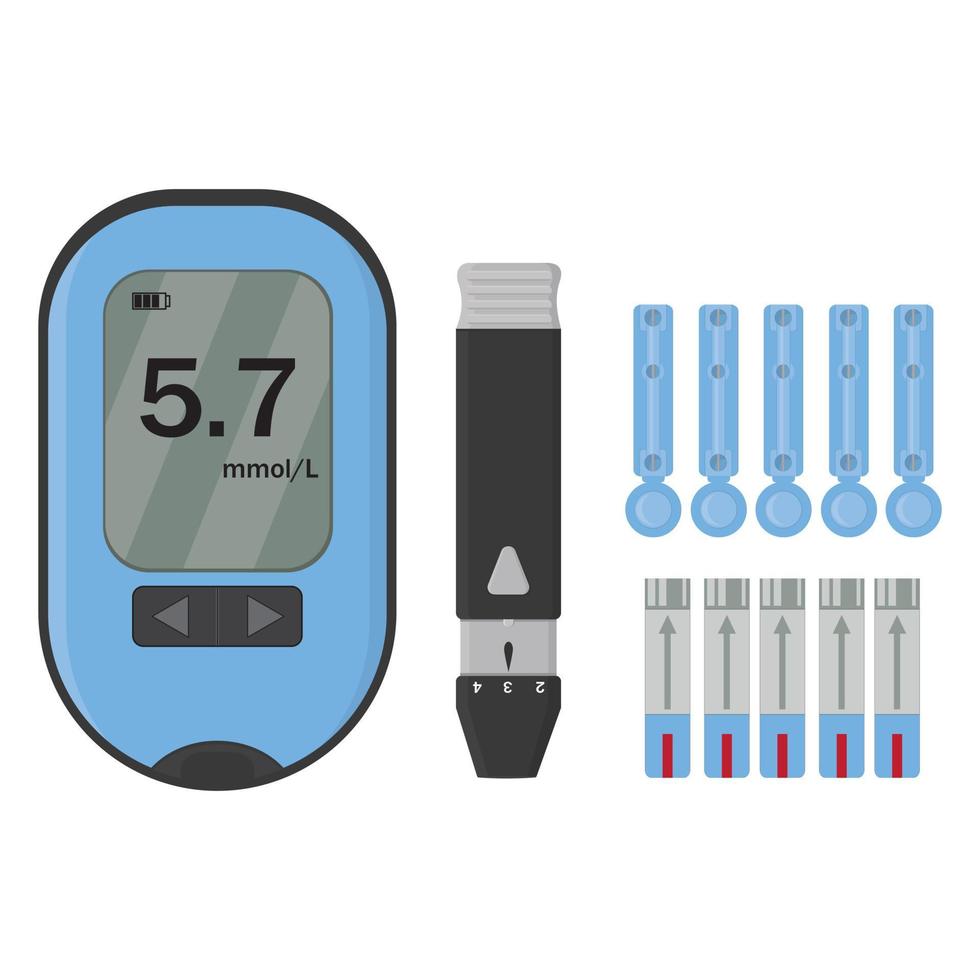 conjunto de iconos con medidor de glucosa en sangre, pluma de insulina, jeringa, ilustración vectorial aislada vector