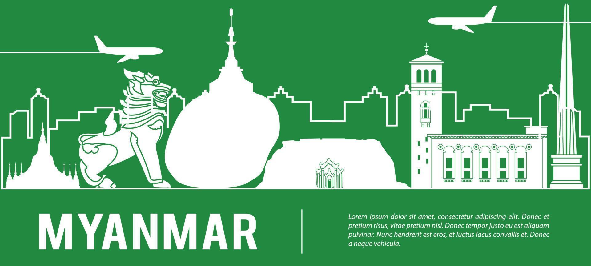 estilo de silueta, viajes y turismo de los principales lugares de interés de myanmar vector