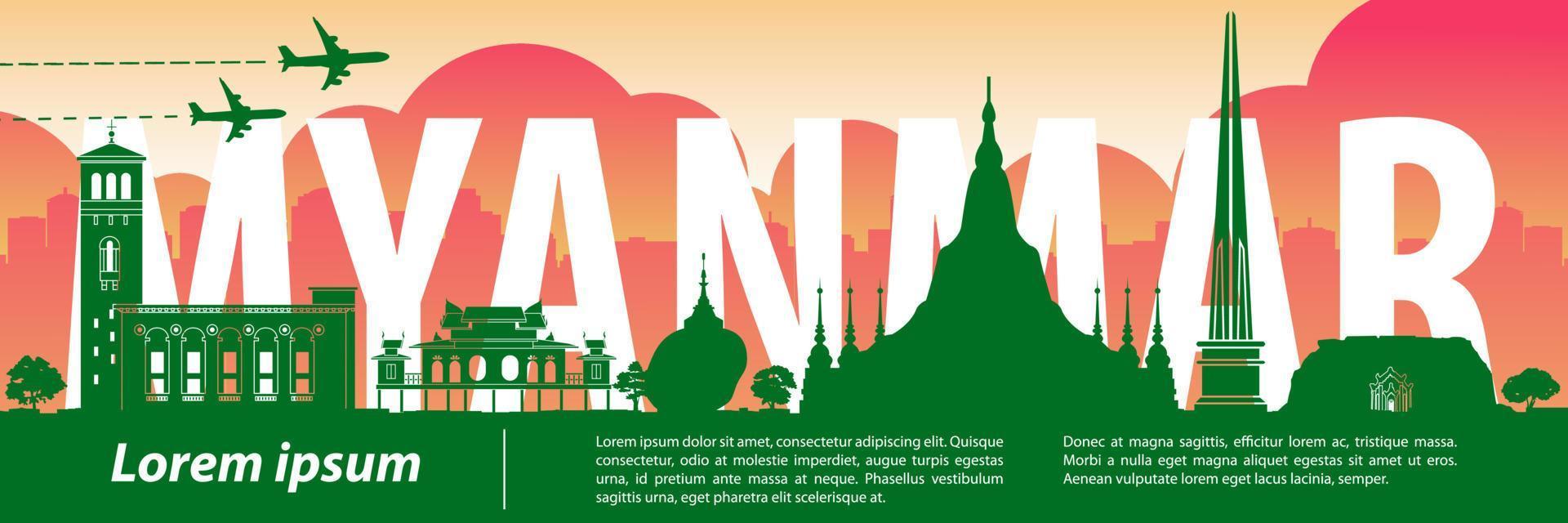 myanmar top famous landmarks silhouette style,travel and tourism vector