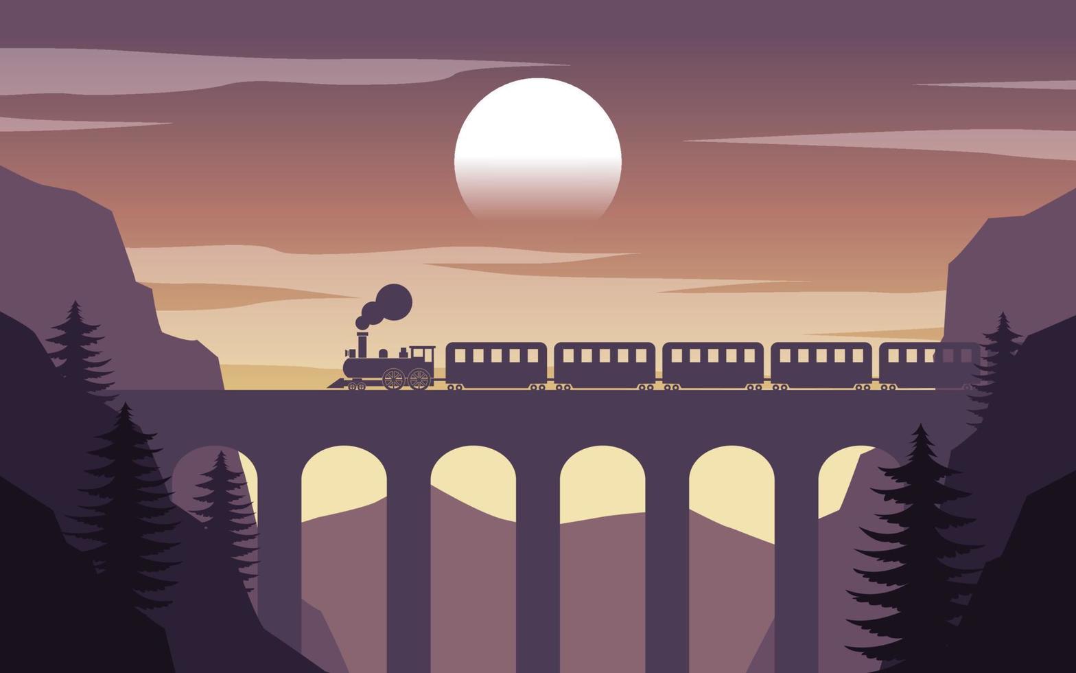 silhouette design of train passing cliff by the bridge vector