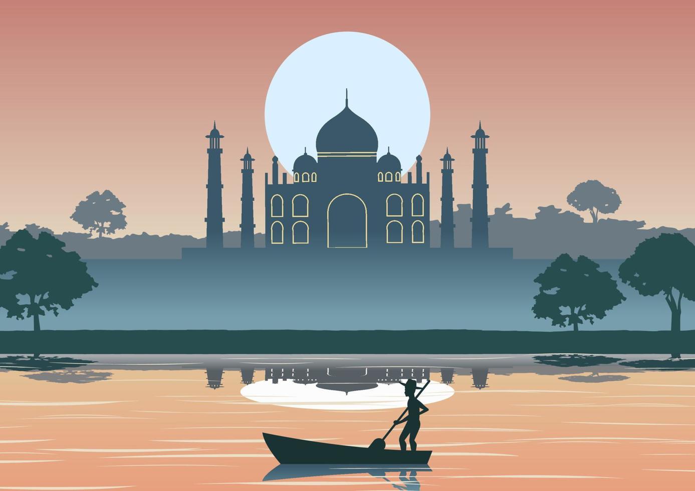 silhouette design of man row boat in river near Taj mahal vector