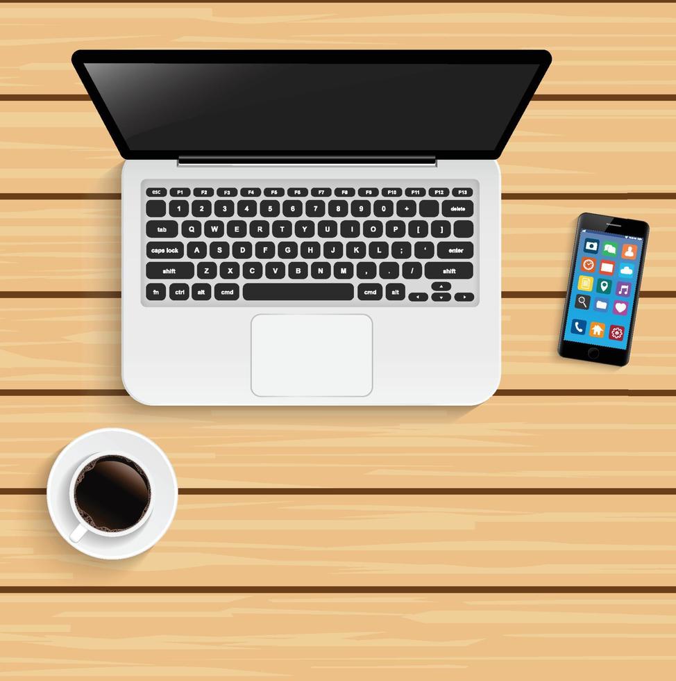 portátil con taza de café y smartphone en mesa de madera vector