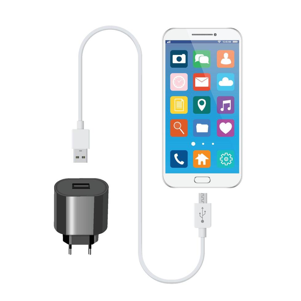 White smartphone with USB charger. Vector illustration