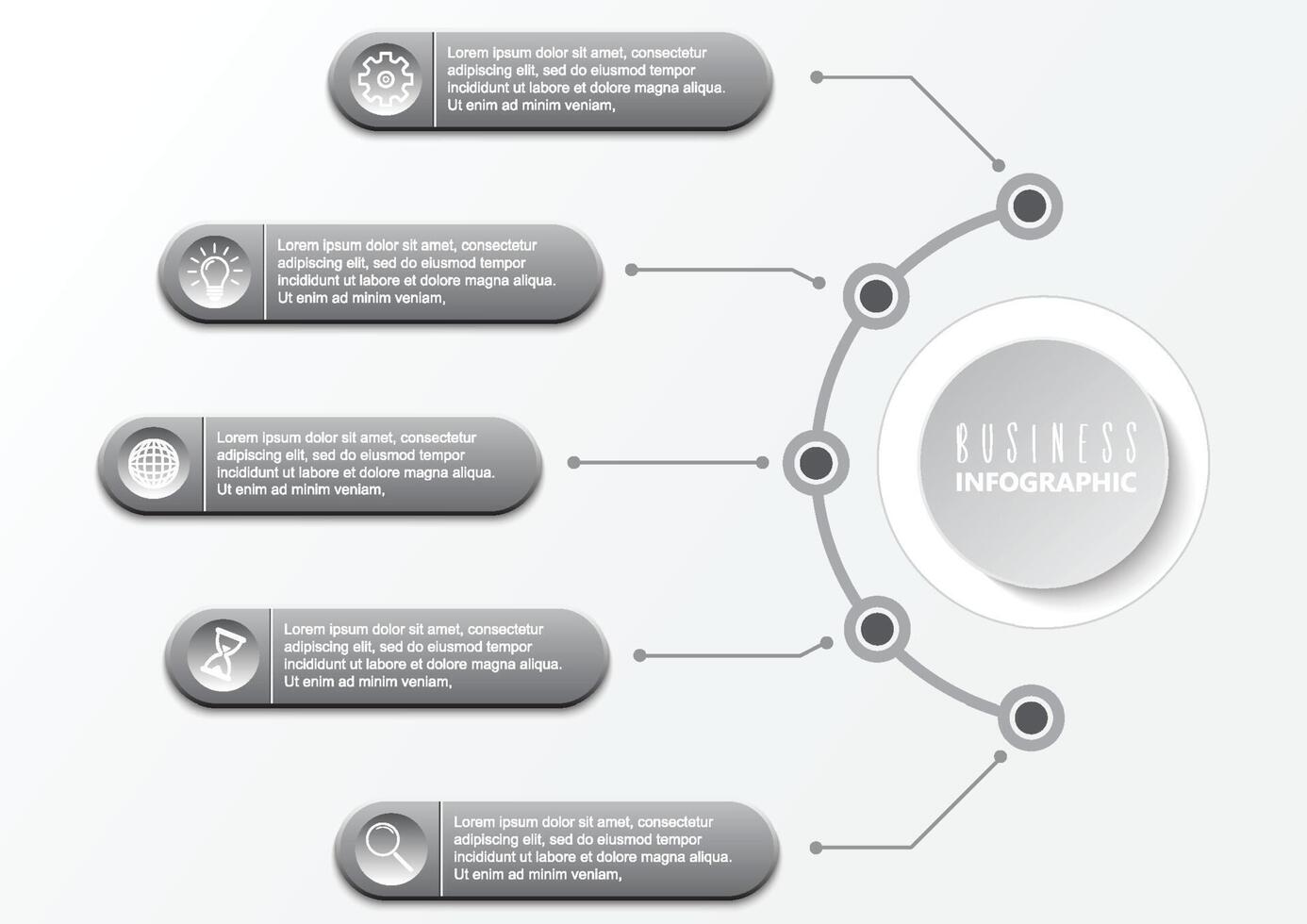 El vector de diseño de infografías de línea de tiempo y los iconos de marketing se pueden utilizar para el diseño de flujo de trabajo, diagrama, informe anual, diseño web. concepto de negocio con 5 opciones, pasos o procesos.