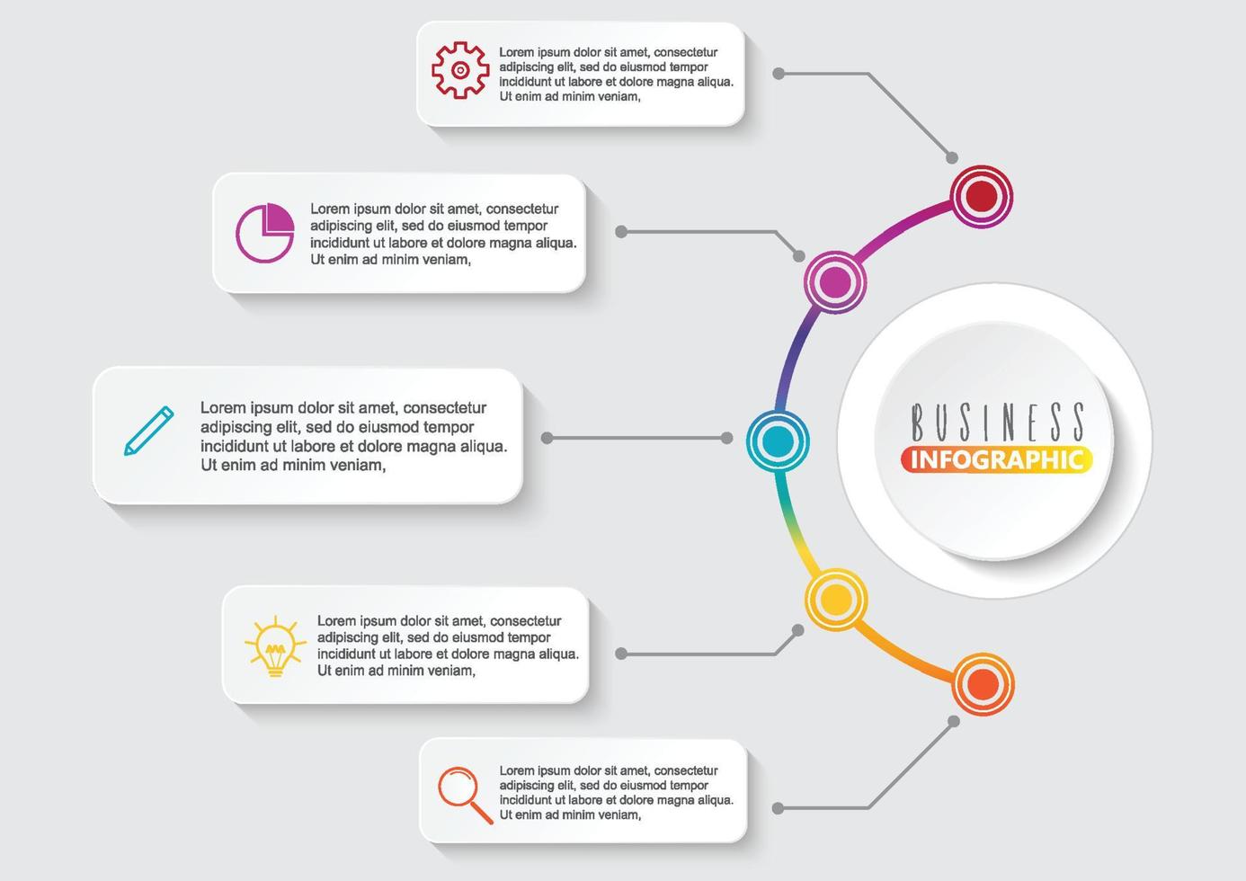 El vector de diseño de infografías de línea de tiempo y los iconos de marketing se pueden utilizar para el diseño de flujo de trabajo, diagrama, informe anual, diseño web. concepto de negocio con 5 opciones, pasos o procesos.