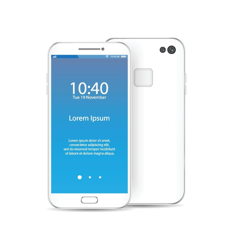 Modern white smartphone isolated. Front and back of Vector smartphone illustration. Cell phone mockup back view.