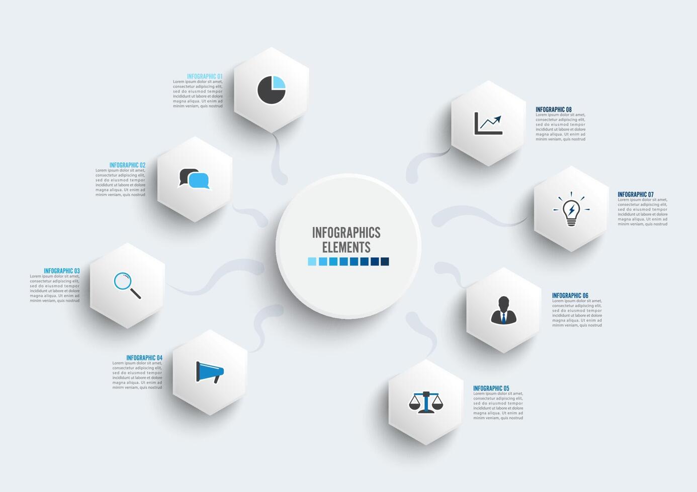 Vector infographic template with 3D paper label, integrated circles. Business concept with 8 options. For content, diagram, flowchart, steps, parts, timeline infographics, workflow, chart.