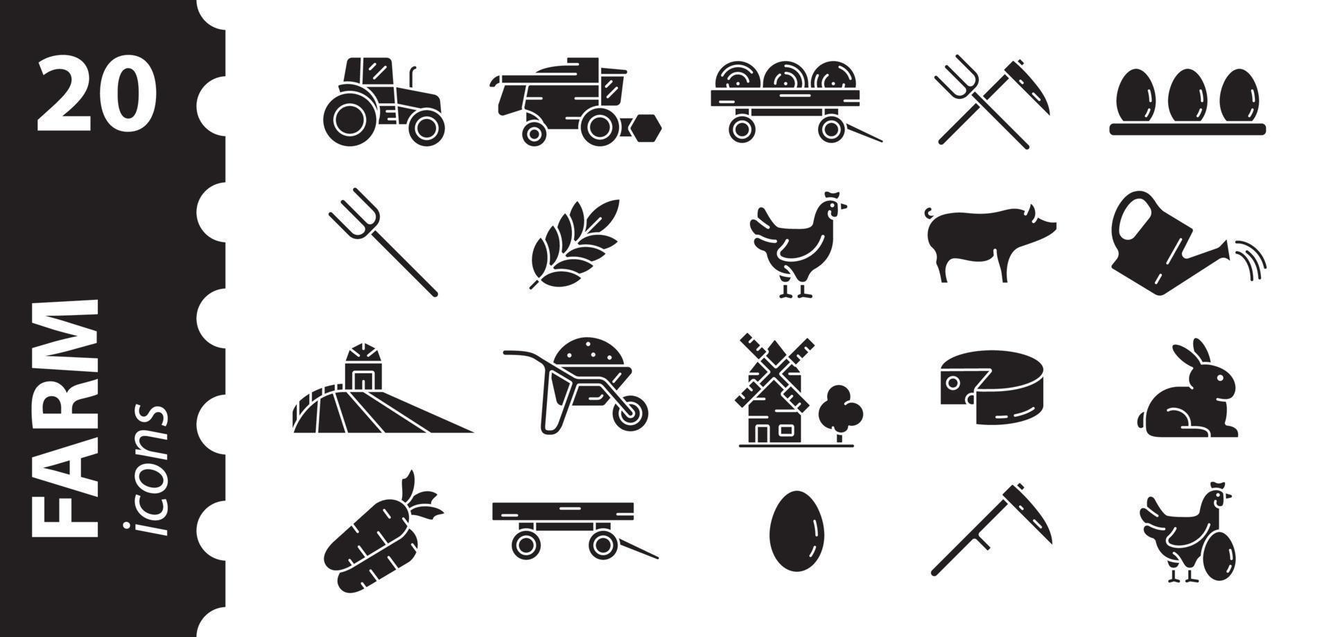 conjunto de iconos de granja negativo. símbolos de animales, plantas, tractor, cosechadora, granero sobre un fondo blanco aislado. ilustración vectorial vector