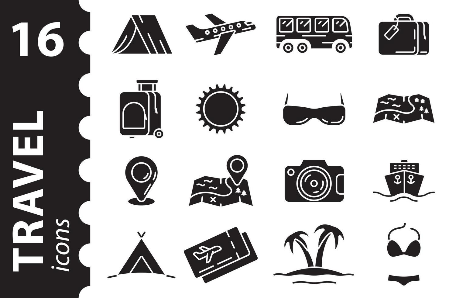 Travel icon set. Pictogram tourism, trip. Black glyph vector symbols collection.