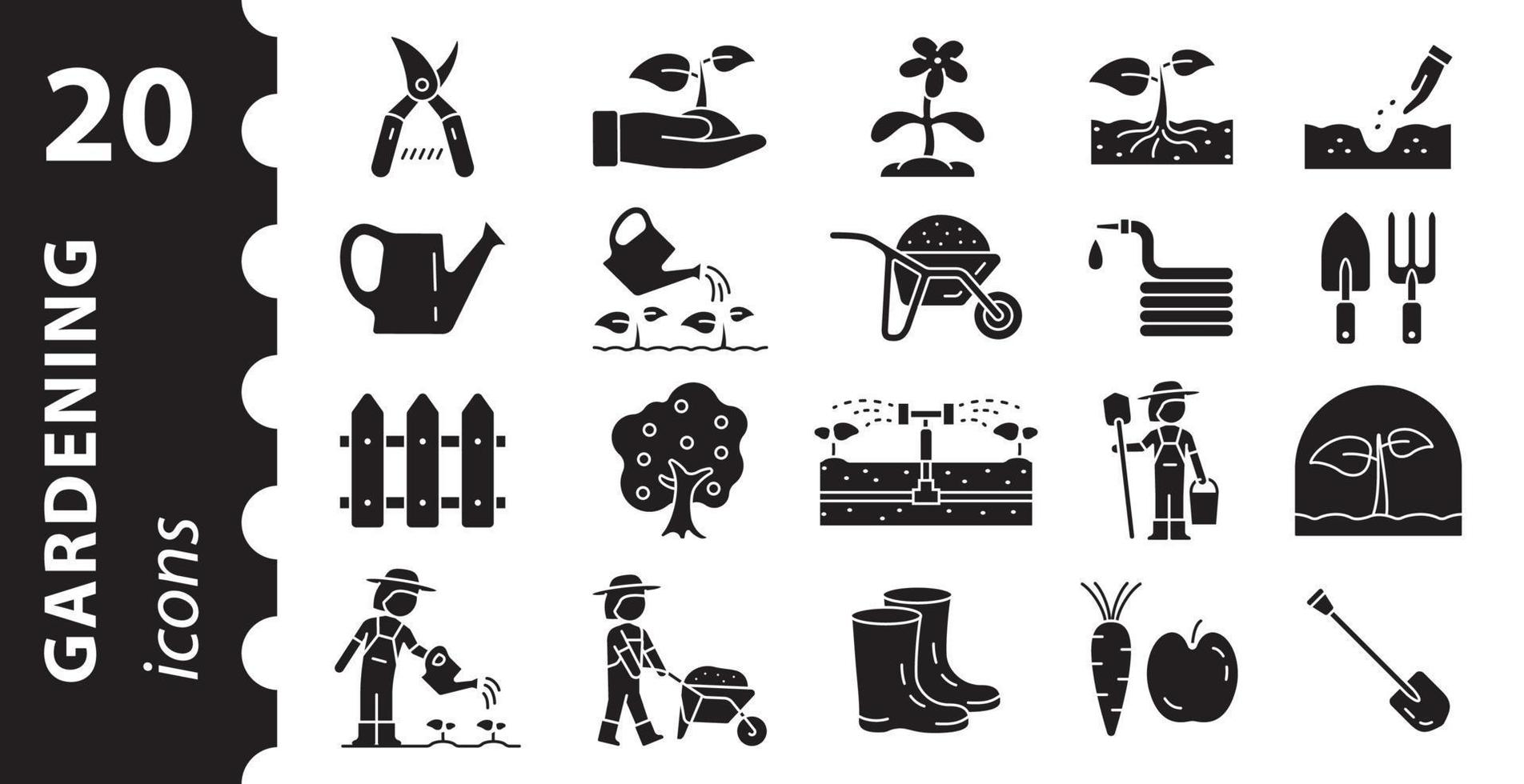 Set of gardening icons. Black glyph vector icon collection.