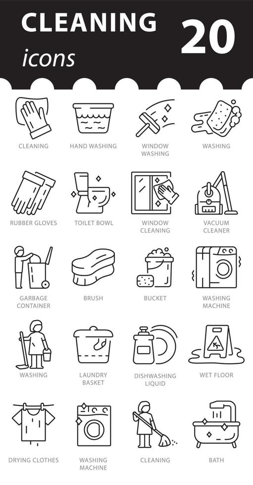 Set of cleaning icons in vector. Linear illustration in flat style. vector