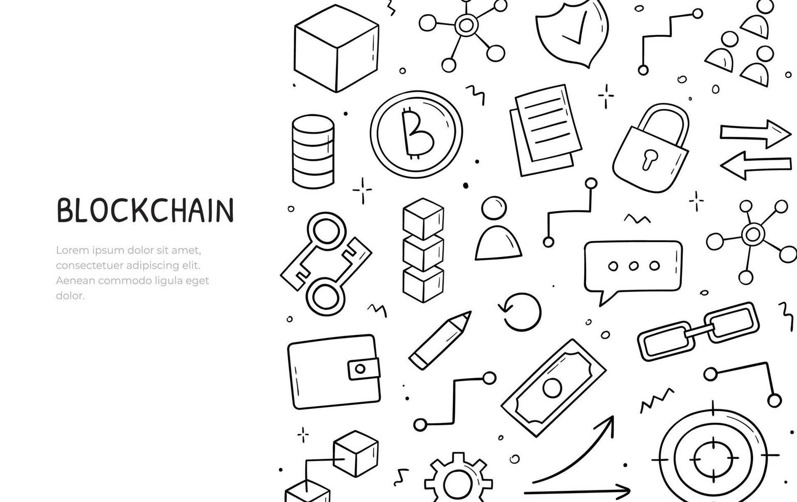 Doodle set of blockchain theme items. Horizontal banner template. Cryptocurrency concept in sketch style. Vector electronic commerce illustration.