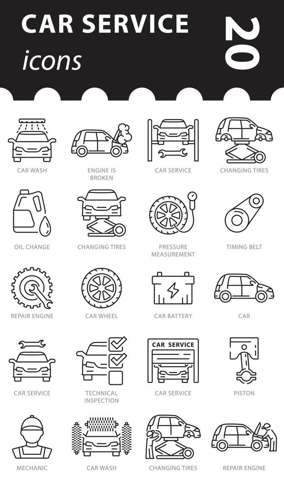 Auto repair icon set in vector. Concept of car service. Linear symbols. vector