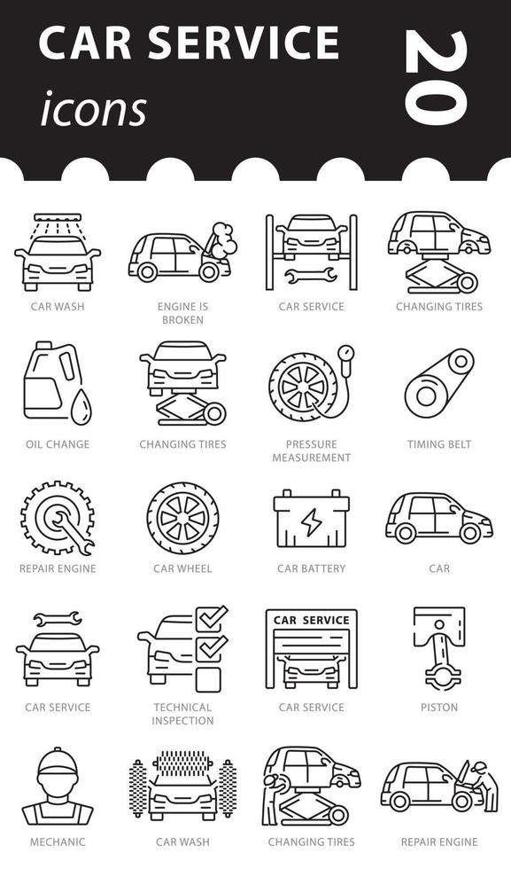 icono de reparación automática establecido en vector. concepto de servicio de coche. símbolos lineales. vector